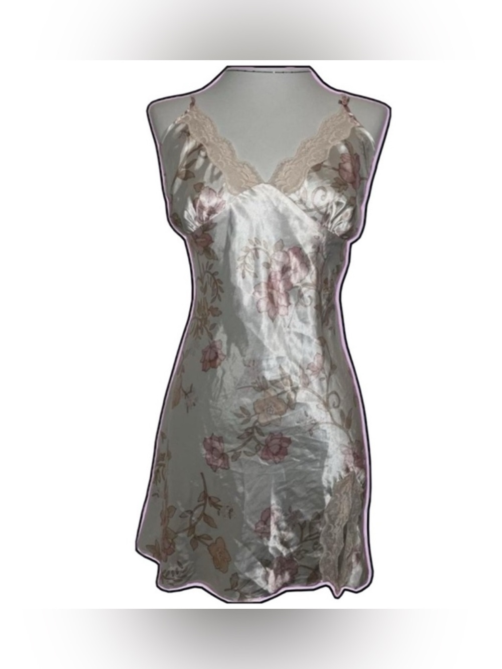 Silk-Feel Floral Lace Slip Nightgown - Cream with Pink Floral